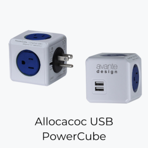Two images of the Allocac USB powercube. One image shows the ports on the cube, the other image shows the side with a custom logo on it