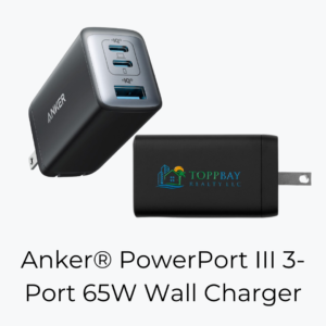 Two images of the Anker PowerPort 3-Port 65W Wall Chargers. One image shows the USB ports of the charger, the other is an image of the side that has a custom logo on it