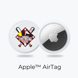 Two images of AppleAir tags. One image is of the Apple logo on the airtag, the other image shows a custom printed logo 