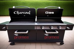 Two grills sit side by side. One is labeled charcoal and the other is labeled gas. 