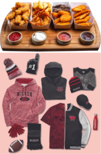 Two images stacked. On the top, four selections of chicken nuggets with dipping sauces. Below, a spread of different apparel like shirts hoodies, scarves and hats all branded with the Wildcats logo.